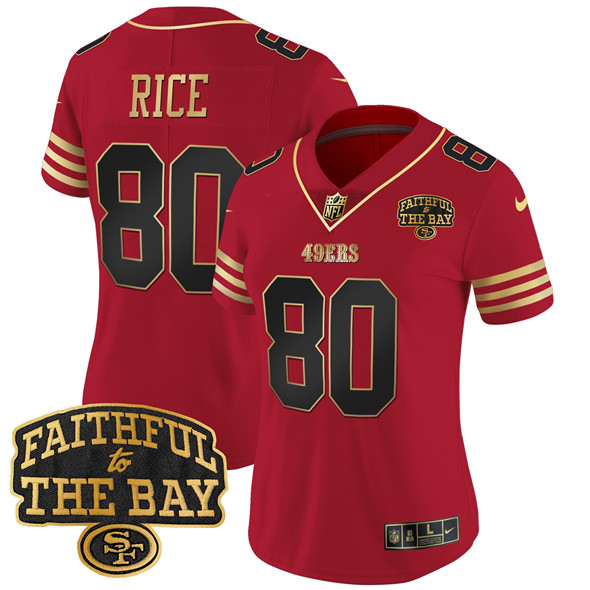 Women's San Francisco 49ers #80 Jerry Rice Red 2025 Faithful To The Bay Patch Limited V8 Stitched Football Jersey(Run Small)